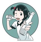  bangs black_eyes black_hair bottle food hair_bobbles hair_ornament hosoo ice_cream open_mouth papico_(ice_cream) shirasawa_papico_design_contest shirt simple_background solo white_shirt wink 