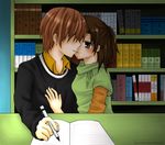  1boy 1girl blush book bookshelf brother_and_sister brown_eyes brown_hair death_note hand_on_another's_chest incest indoors kiss pen short_hair siblings table writing yagami_light yagami_sayu 