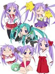  :&lt; bad_id bad_pixiv_id blush casual_one-piece_swimsuit cheerleader cosplay hair_ribbon hatsune_miku hatsune_miku_(cosplay) hiiragi_kagami japanese_clothes kagamin_boo long_hair lucky_star miko multiple_persona nakki nyamou one-piece_swimsuit pom_poms purple_eyes purple_hair ribbon ryouou_school_uniform school_uniform serafuku swimsuit thighhighs tsurime twintails vocaloid zettai_ryouiki 