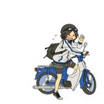  backpack bag bike_shorts black_hair blush goggles ground_vehicle helmet honda_super_cub jacket motor_vehicle motorcycle original ruri_(uewtsol) short_hair solo uewtsol waving 