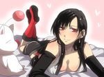  bad_id bad_pixiv_id blush breasts cleavage earrings elbow_gloves final_fantasy final_fantasy_vii gloves jewelry kn96 large_breasts long_hair lying moogle on_stomach smile tank_top tifa_lockhart 