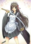  absurdres highres katana long_hair maid maid_headdress moeru_nihoutou_taizen ribbon smile solo sword taiyou_(tori_no_su_studio) weapon 