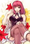  boots breasts cleavage cross crossed_legs earrings flower highres jewelry large_breasts off_shoulder one_eye_closed panties park_jae-kyung pink_eyes pink_hair short_hair sitting smile solo soo-hyon_lee thighhighs unbalance_unbalance underwear 