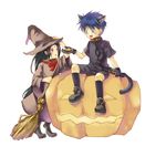  animal_ears blue_eyes blue_hair broom candy cat_ears chains fire_emblem halloween hat ike jack-o'-lantern jack-o-lantern long_hair pumpkin red_eyes ribbon soren witch_hat 