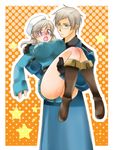  1girl ass axis_powers_hetalia blonde_hair blue_eyes blush boots breasts carrying couple finland_(hetalia) genderswap glasses gloves hat hetero large_breasts long_hair princess_carry purple_eyes serious sweden_(hetalia) thighs 