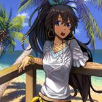  beach black_hair blue_eyes blue_sky bracelet cloud day earrings ganaha_hibiki goe hair_between_eyes hoop_earrings idolmaster idolmaster_(classic) jewelry leaning long_hair necklace ocean open_mouth outdoors palm_tree ponytail railing seaside shade sky solo summer tree tree_shade upper_body water 