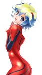  1girl alternate_costume bad_id bad_pixiv_id bangs blonde_hair blue_hair bodysuit bracer breasts company_connection cosplay cowboy_shot gloves hair_between_eyes hair_ornament head_tilt looking_at_viewer looking_back multicolored_hair neon_genesis_evangelion nia_teppelin norapeko pilot_suit plugsuit short_hair simple_background skinny small_breasts smile solo souryuu_asuka_langley souryuu_asuka_langley_(cosplay) symbol-shaped_pupils tengen_toppa_gurren_lagann turtleneck wavy_hair white_background 