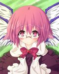  animal_ears bad_id bad_pixiv_id bespectacled blush bow dress glasses looking_at_viewer looking_up mystia_lorelei no_hat no_headwear pink_eyes pink_hair short_hair solo touhou urimono wings 