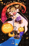  brown_eyes brown_hair halloween jack-o'-lantern original polearm pumpkin short_twintails shorts solo trick_or_treat trident twintails weapon yukihiroyuki 