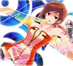  bad_id bad_pixiv_id breasts brown_hair cleavage large_breasts meiko microphone microphone_stand red_eyes short_hair smile solo thighhighs uya vocaloid 