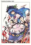  absurdres blue_hair fire food fruit hat highres hinanawi_tenshi long_hair peach red_eyes solo sword sword_of_hisou tokiame touhou weapon 