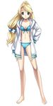  alternate_costume aqua_eyes atelier_(series) atelier_marie bangs barefoot bikini bikini_under_clothes blonde_hair blue_bikini breasts cleavage commentary cross_edge earrings feet front-tie_top full_body hair_bobbles hair_ornament hirano_katsuyuki hood hoodie jacket jewelry legs long_hair low-tied_long_hair marie_(atelier) medium_breasts navel official_art open_clothes open_jacket parted_bangs ponytail quad_tails simple_background smile solo standing striped striped_bikini swimsuit swimsuit_under_clothes unzipped white_background zipper 