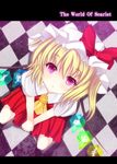  :o bad_id bad_pixiv_id blonde_hair bow checkered flandre_scarlet from_above hat kiyomin looking_up purple_eyes solo touhou wings 