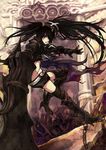  armor bad_id bad_pixiv_id belt black_hair black_rock_shooter boots greaves hair_over_one_eye huge_weapon insane_black_rock_shooter long_hair midriff navel otama_(ladle) purple_eyes solo stitches thigh_boots thighhighs twintails weapon 