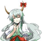  ascot ex-keine green_hair hair_ornament horn_ribbon horns kamishirasawa_keine long_hair ribbon simple_background smile solo suwi touhou upper_body 