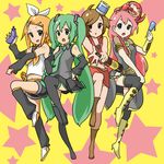  bad_id bad_pixiv_id blonde_hair blue_eyes blush_stickers boots brown_eyes detached_sleeves don't_say_&quot;lazy&quot; green_hair hannyag hatsune_miku k-on! kagamine_rin legs long_hair megurine_luka meiko multiple_girls open_mouth parody pink_hair star thighhighs twintails very_long_hair vocaloid 