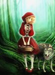  animal bad_id bad_pixiv_id basket big_bad_wolf_(grimm) blonde_hair breasts cleavage dress forest green_eyes grimm's_fairy_tales hood large_breasts little_red_riding_hood little_red_riding_hood_(grimm) nature solo tansui_nue wolf 