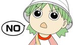  &gt;:&lt; 1girl black_eyes child colored english green_hair koiwai_yotsuba no no! quad_tails red_shirt shirt simple_background solo speech_bubble text white_background white_hat yotsubato! 