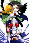  belt black_hair crossover hair_ribbon kamen_rider kamen_rider_blade kamen_rider_blade_(series) kouno_miki oekaki red_eyes reiuji_utsuho ribbon sword touhou weapon wings 