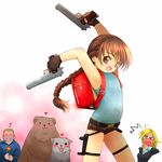  2girls animal backpack bag bear belt braid brown_eyes brown_hair child dual_wielding flat_chest gun handgun heart holding holster jacqueline_natla kusunoki_masashige lara_croft long_hair m1911 multiple_girls pistol randoseru short_shorts shorts thigh_holster thigh_strap tomb_raider trigger_discipline weapon wolf younger 