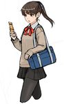 cellphone copyright_request hito pantyhose phone ponytail school_uniform skirt solo sweater 