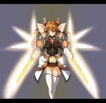  alternate_weapon arms_up brown_hair cross_mirage green_eyes impossible_clothes impossible_shirt lyrical_nanoha mahou_shoujo_lyrical_nanoha_strikers nekomamire one_eye_closed shirt solo teana_lanster thighhighs weapon 