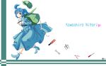  backpack bad_id bad_pixiv_id bag blue_eyes blue_hair character_name hair_bobbles hair_ornament hat highres kawashiro_nitori oimari running solo tools touhou twintails wrench 