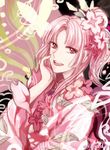  2013 artist_name bad_id bad_pixiv_id flower hair_flower hair_ornament hand_on_own_cheek highres japanese_clothes kimono long_hair looking_at_viewer minudo pink pink_eyes pink_hair ponytail smile solo vocaloid vy1 