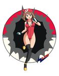  1girl absurdres bandanna bare_shoulders black_legwear blue_eyes bodysuit breasts brown_hair cleavage collarbone female gloves hair_ribbon haruka_(pokemon) highleg highleg_leotard highres large_breasts legs leotard looking_at_viewer open_mouth poke_ball pokeball pokemon pokemon_(game) pokemon_rse ribbon running shoes short_hair shorts sleeveless solo thighhighs thighs wslasher yellow_shoes zipper 