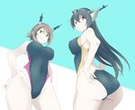  adjusting_clothes adjusting_swimsuit ass bad_id bad_pixiv_id black_hair breasts brown_hair competition_swimsuit covered_navel green_eyes headgear highres kantai_collection large_breasts multiple_girls mutsu_(kantai_collection) nagato_(kantai_collection) one-piece_swimsuit red_eyes souji swimsuit 