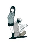  1boy 1girl bangs black_eyes black_hair black_legwear black_socks collared_shirt crossed_arms frown glasses hands_crossed hosoo kneehighs long_hair long_sleeves looking_back miniskirt monochrome necktie newspaper open_newspaper shadow shinsei_kamattechan shirt simple_background sitting skirt socks standing sweater white_background 