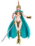 1girl armor bare_shoulders bikini_armor braid breasts female gladiator gloves helmet large_breasts long_hair looking_at_viewer navel one_piece pink_hair rebecca_(one_piece) simple_background solo soukichi sword weapon 