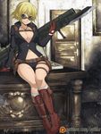  alternate_color bayonet belt blonde_hair boots breasts cleavage devil_may_cry devil_may_cry_4 gloves gun heterochromia kneehighs lady_(devil_may_cry) looking_at_viewer midriff navel necklace no_bra open_clothes scar short_hair short_shorts shorts sitting solo spike_wible spikewible sunglasses weapon 