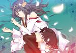  bare_shoulders black_skirt boots brown_hair detached_sleeves double_bun hair_ornament hairband japanese_clothes kantai_collection kongou_(kantai_collection) long_hair lying nontraditional_miko on_side petals saitaniya_ryouichi skirt smile solo thigh_boots thighhighs 