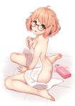  ahoge ass back barefoot blush bob_cut breasts brown_hair covered_nipples covering feet from_above glasses highres kuriyama_mirai kyoukai_no_kanata looking_at_viewer looking_up nipples nude_cover open_mouth red-framed_eyewear see-through short_hair sitting small_breasts solo terras towel wariza wet yellow_eyes 