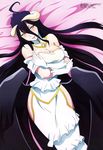  absurdres ahoge albedo black_hair blush breasts cleavage gloves habu_ryousuke highres hip_vent horns large_breasts long_hair lying megami non-web_source official_art on_back overlord_(maruyama) solo very_long_hair yellow_eyes 