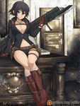  alternate_color bayonet belt black_hair boots breasts cleavage devil_may_cry devil_may_cry_4 gloves gun heterochromia kneehighs lady_(devil_may_cry) looking_at_viewer midriff navel necklace no_bra open_clothes scar short_hair short_shorts shorts sitting solo spike_wible spikewible weapon 