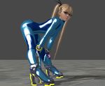  1girl 3d ass blonde_hair dead_or_alive glasses lips looking_at_viewer marie_rose samus_aran_(cosplay) simple_background solo twintails zero_suit 