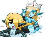  2girls ahegao blonde_hair blue_eyes breasts crossover crown female female/female hair hair_pull imp lips mario_bros midna monster_girl multiple_girls nintendo open_mouth pointy_ears pulling_hair red_eyes rosalina_(mario) rosetta_(mario) sex simple_background super_mario_bros. super_mario_galaxy sweat the_boogie the_legend_of_zelda the_legend_of_zelda:_twilight_princess thick_thighs tribadism twilight_princess video_games yellow_sclera yuri 