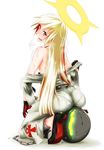  absurdres ass bare_shoulders black_gloves blonde_hair blush full_body gloves guilty_gear guilty_gear_xrd halo highres jack-o'_valentine long_hair multicolored_hair off_shoulder open_mouth pantylines red_eyes red_hair sitting solo steam steaming_body sweat two-tone_hair un undressing 
