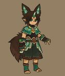  animal_ears barefoot belt brown_background brown_hair earrings extra_ears eyebrows eyebrows_visible_through_hair facepaint fingerless_gloves full_body gloves green_eyes horn jewelry jitome looking_at_viewer original pointy_ears satsumai signature simple_background solo standing tail toeless_legwear 