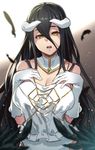  albedo black_hair black_wings breasts cleavage detached_collar gloves hands_on_own_chest horns houtengeki large_breasts long_hair looking_at_viewer open_mouth overlord_(maruyama) solo teeth white_gloves wings yellow_eyes 