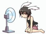  animal_ears animated animated_gif bare_shoulders black_hair bunny_ears bunny_tail casual fan full_body inaba_tewi kuroba_rapid lowres motion_blur open_mouth red_eyes short_hair short_sleeves shorts simple_background sitting solo sweat tail tank_top touhou white_background 