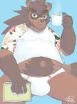  2018 anthro belly blue_background bulge canine clothing drinks greenbeanyeen humanoid_hands male mammal navel overweight overweight_male shirt simple_background sitting solo tanuki underwear 