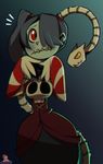  blue_hair blue_skin blush bone crazedg dragon female frown hair human leviathan_(skullgirls) male mammal red_eyes skull skullgirls smile squigly stitches undead wide_hips yellow_eyes zombie 