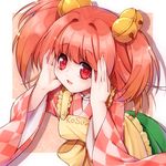  apron bad_id bad_pixiv_id bell checkered clothes_writing hair_bell hair_ornament hikataso looking_at_viewer motoori_kosuzu red_eyes red_hair short_hair solo touhou two_side_up wide_sleeves 