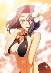  bikini breasts flower hair_flower hair_ornament hibiscus kantai_collection large_breasts mechanical_halo purple_eyes purple_hair short_hair solo swimsuit tatsuta_(kantai_collection) tsurusaki_yuu 