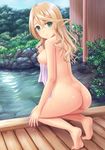  alisha_diphda alternate_hairstyle ass back bad_id bad_pixiv_id banned_artist barefoot blonde_hair blush breasts day feet full_body grass green_eyes hair_down highres holding kneeling long_hair looking_at_viewer looking_back medium_breasts n.g. nipples nude onsen outdoors plant rock smile solo tales_of_(series) tales_of_zestiria towel water wet wooden_floor 