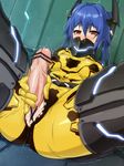  blue_hair blush bodysuit breasts censored covered_nipples futanari hair_ornament highres long_hair medium_breasts nandz penis phantasy_star phantasy_star_online_2 precum quna_(pso2) red_eyes tears yellow_bodysuit zelsius 