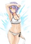  bandages bikini breasts cleavage eyepatch highres kantai_collection large_breasts lontong midriff navel purple_hair short_hair solo swimsuit tenryuu_(kantai_collection) white_bikini yellow_eyes 